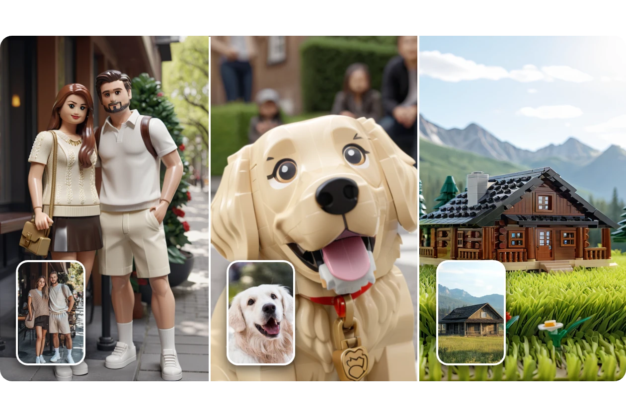 apply the lego filter to a photo of couple a golden retriever and a house on the grass