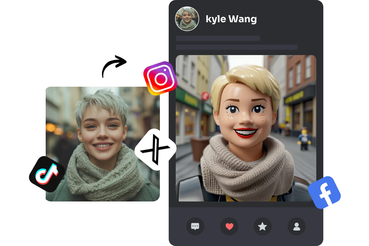 apply the lego filter to a short hair girl and post it online with ins tiktok x and facebook icons