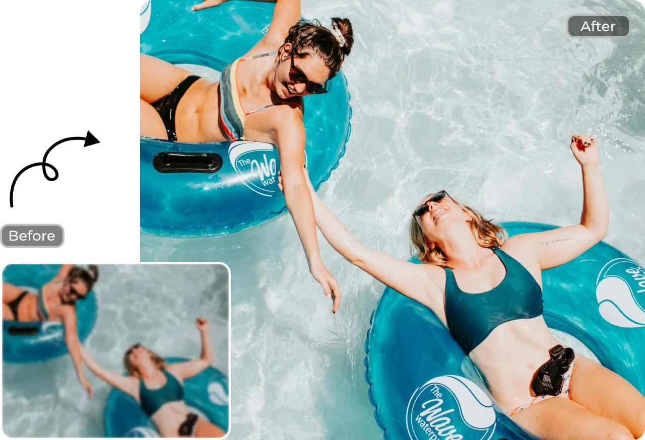 faixa de transformação de uma fotografia de piscina desfocada e demasiado exposta numa fotografia nítida