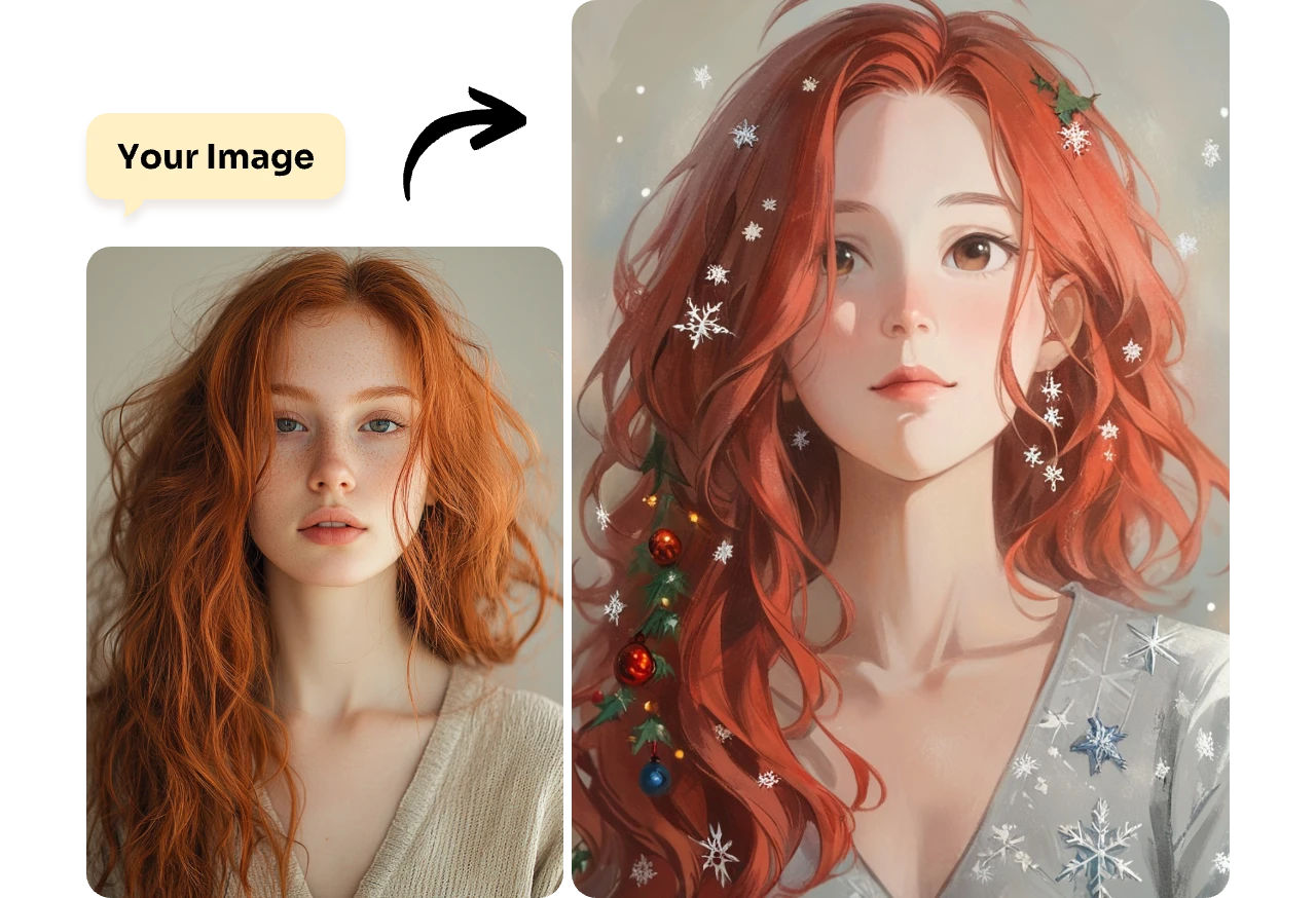 avant et après contraste d'une fille rousse utilisant le filtre de Noël dans Aiease