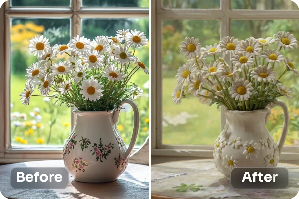 contraste avant et après l'ajout du filtre claymation à une plante florale