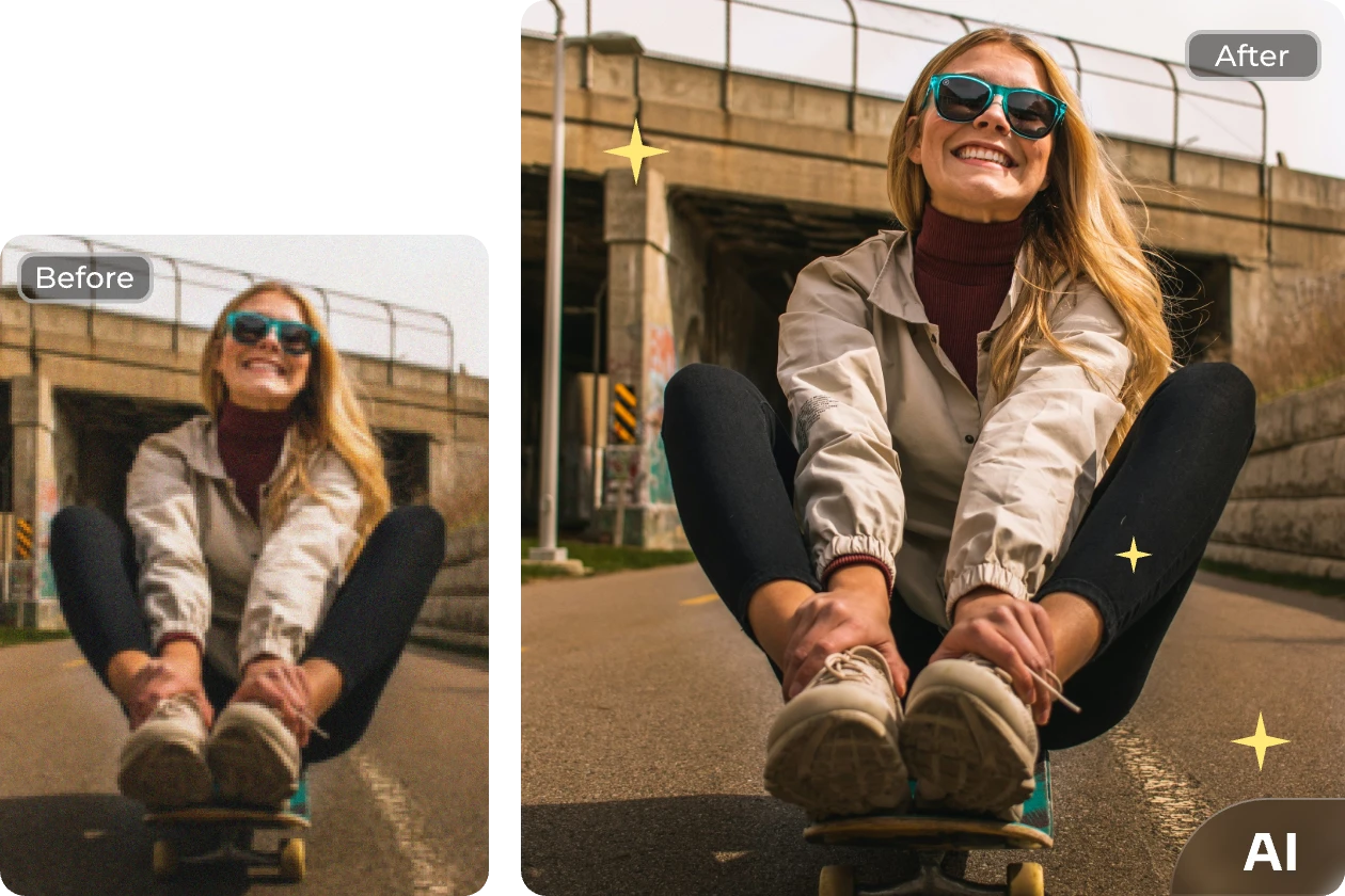 antes e depois do contraste da alteração de uma fotografia desfocada de uma rapariga para uma fotografia nítida sem redução de ruído