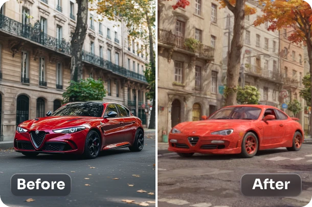 avant et après le changement d'une voiture rouge en style claymation avec le filtre aiease claymation ai