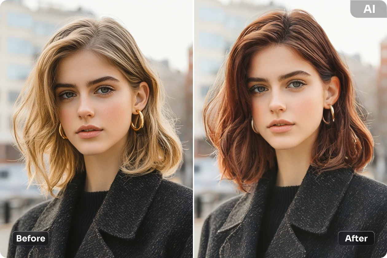 contraste de antes y despues de cambiar el pelo rubio corto de las chicas a color castaño con aiease brown hair filter