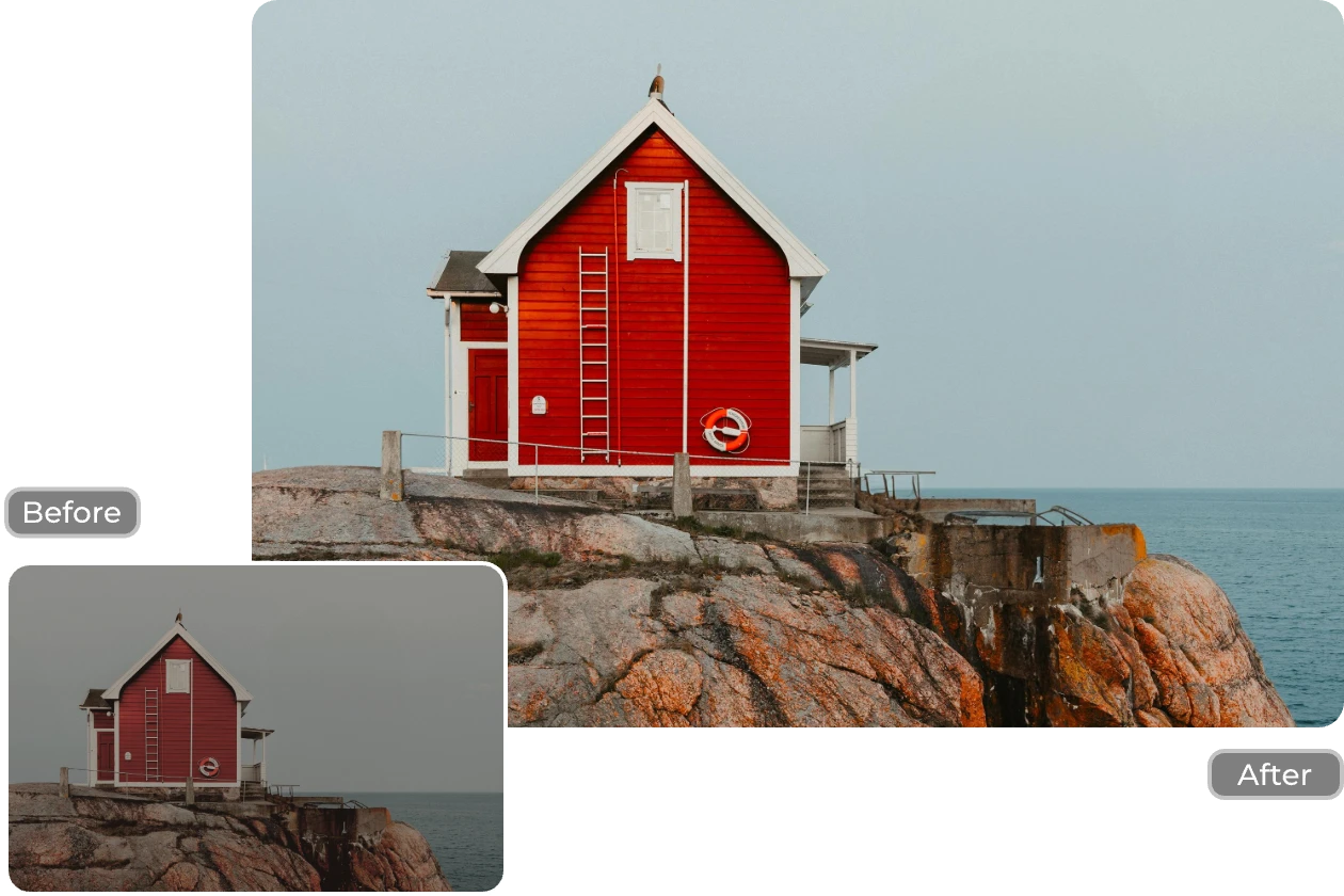 antes e depois do contraste de uma fotografia equilibrada entre o escuro e a cor de uma casa vermelha junto ao mar