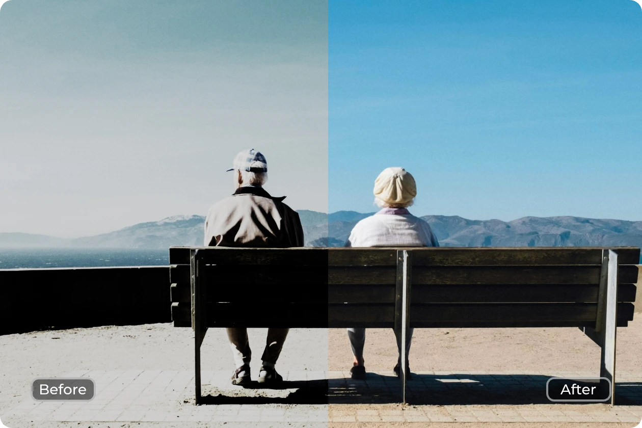 antes e depois do contraste da correção de cor da fotografia de um casal olc sentado junto ao mar