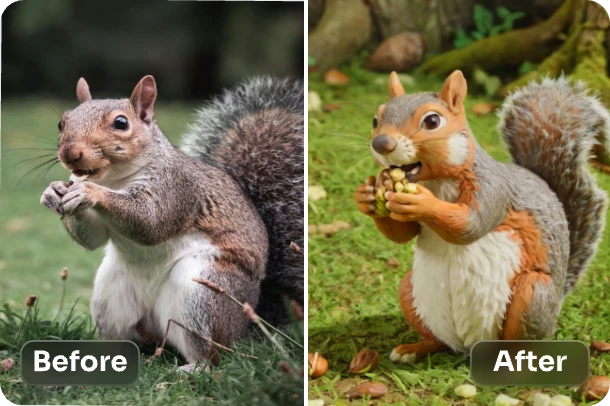 contraste avant et après la transformation d'un écureuil en effet claymation dans aiease