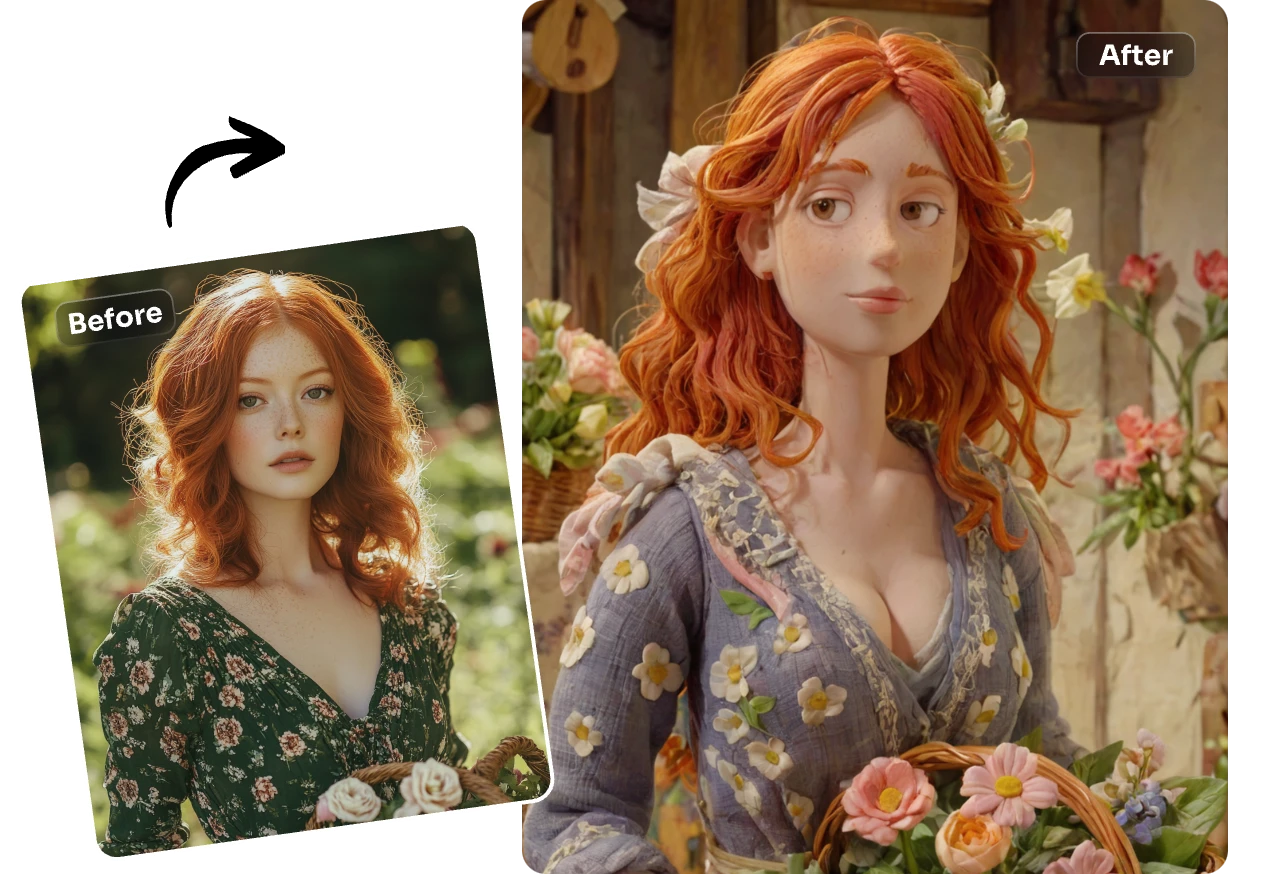 contraste antes e depois da utilização do filtro claymation num belo retrato de uma rapariga