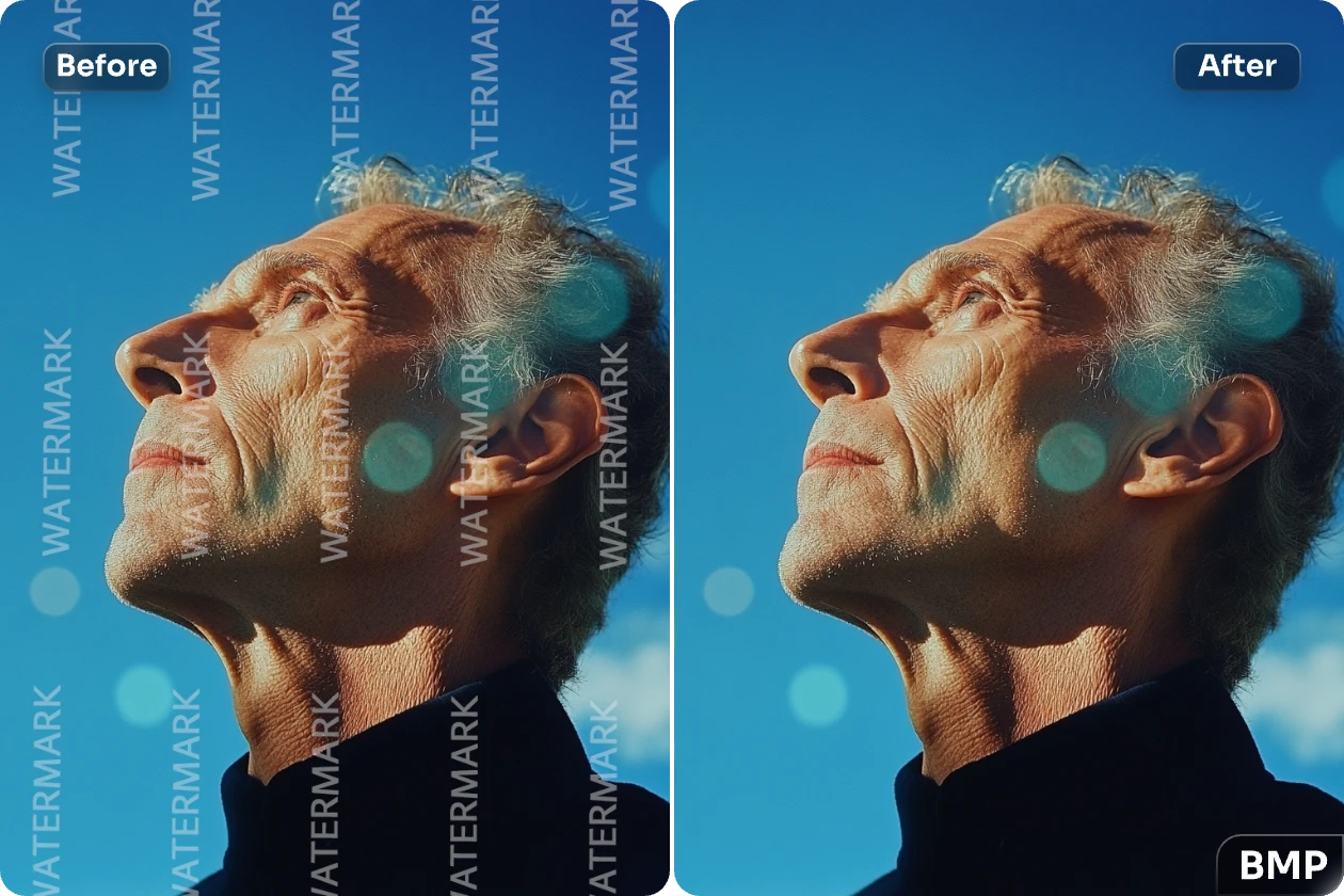 before and after effect of removing watermarks from an old man portrait