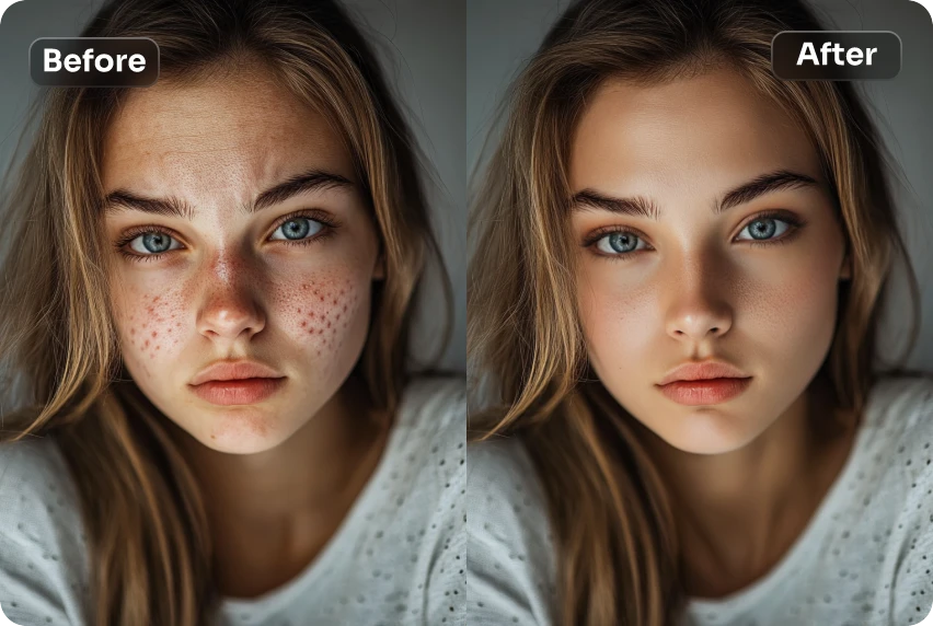 avant et après l'effet de la peau lisse du visage féminin dans AI Ease