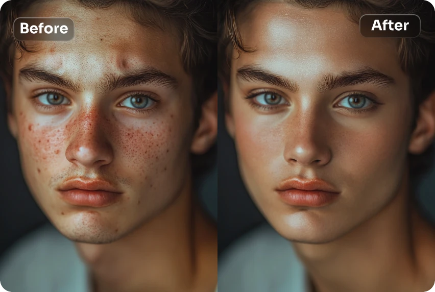 avant et après l'effet de la peau masculine lisse du visage dans AI Ease