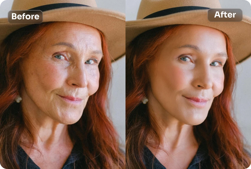 avant et après l'effet de la peau lisse du visage d'une femme âgée dans AI Ease