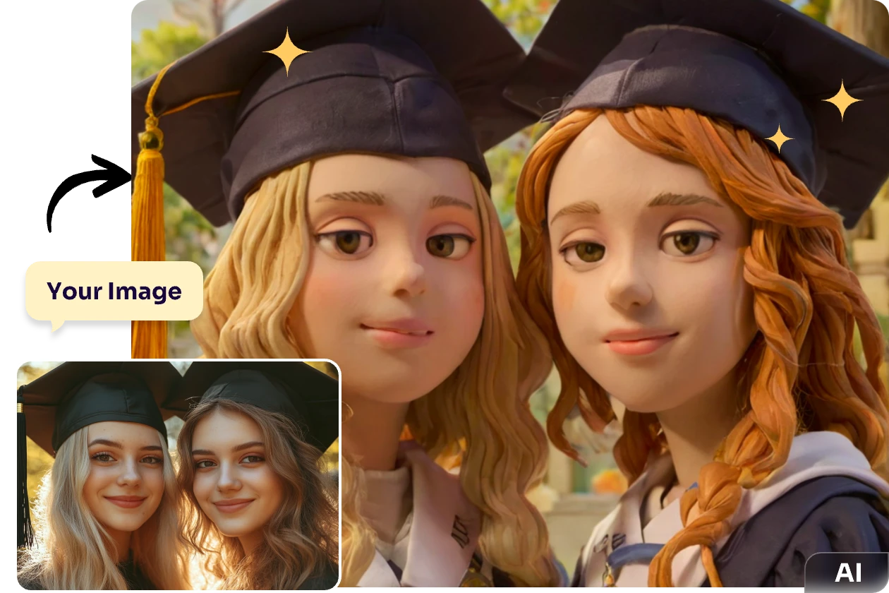 transformez une photo de remise de diplôme de deux jeunes filles en effet claymation avec le filtre aiease claymation ai