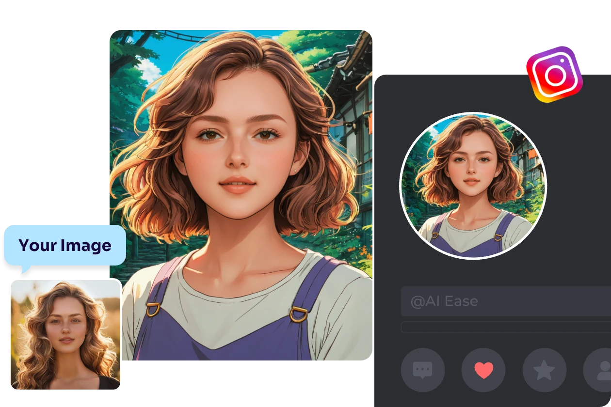 change a long curly haired woman portrait into a cartoon avatar and post it on ins