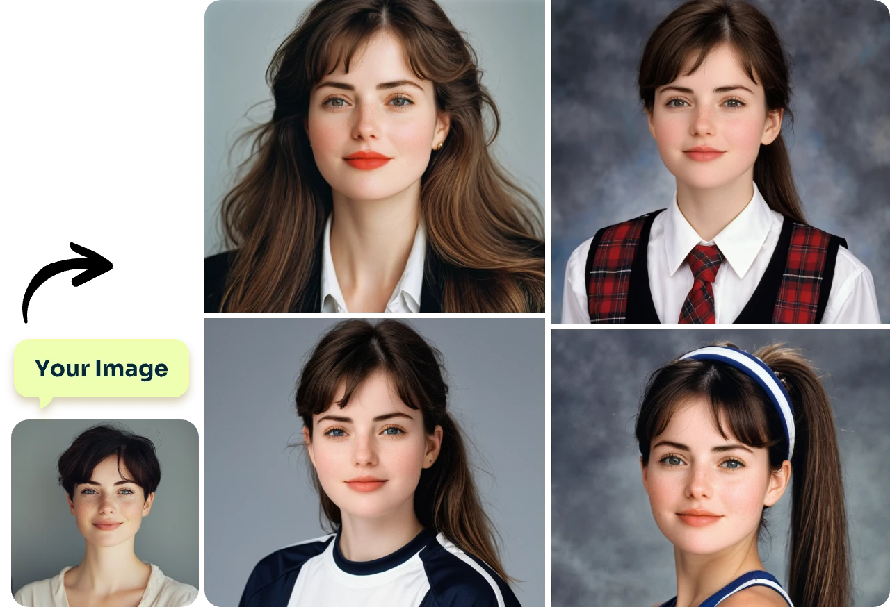 change a short hair woman portrait into four kinds of ai yearbook style photos