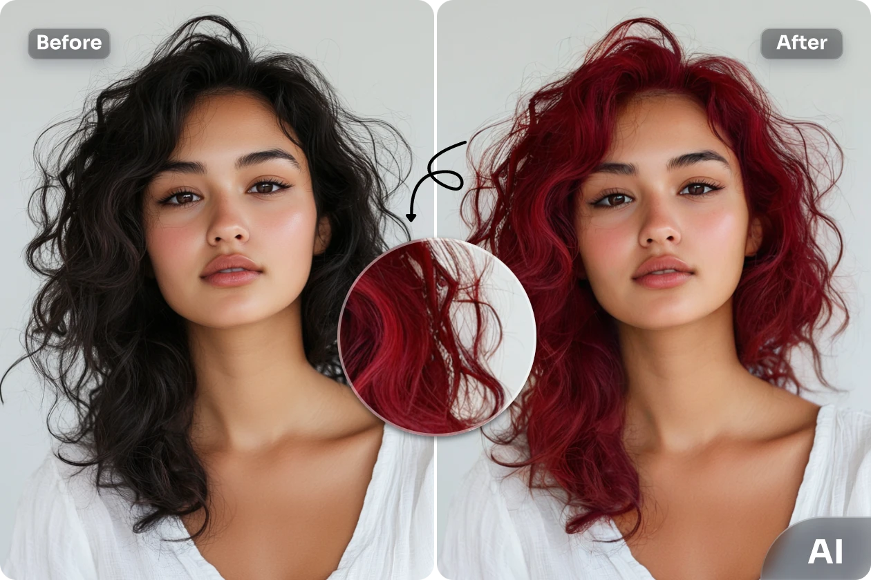 Ändern Sie weibliche schwarze Haarfarbe in rot mit AI Ease Online-Haarfarbwechsler