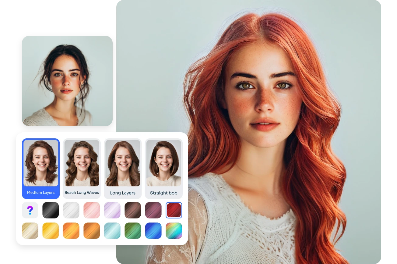 weibliche Frisur in orangefarbenes langes lockiges Haar mit AI Ease ändern