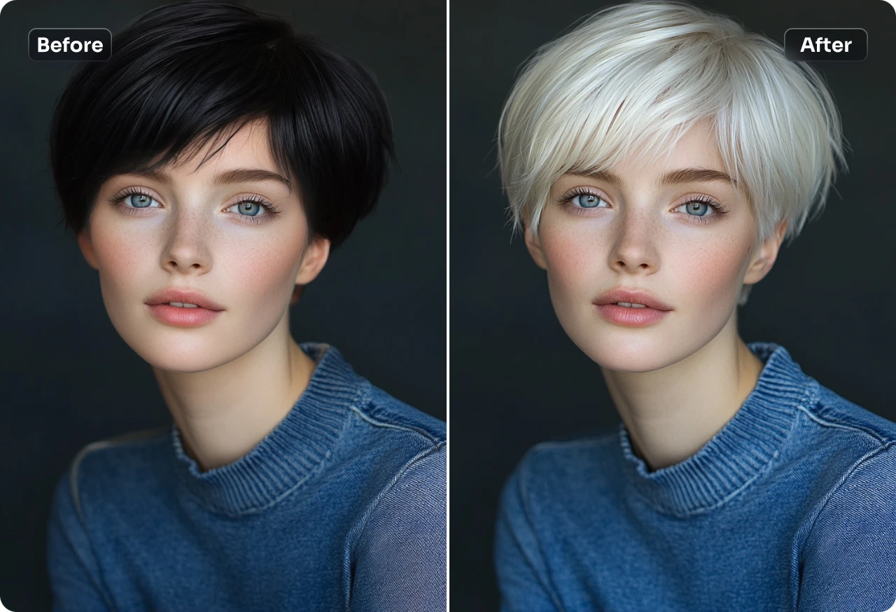 changer les cheveux noirs courts d'une femme en cheveux blancs en utilisant le filtre de cheveux blancs AI Ease oline
