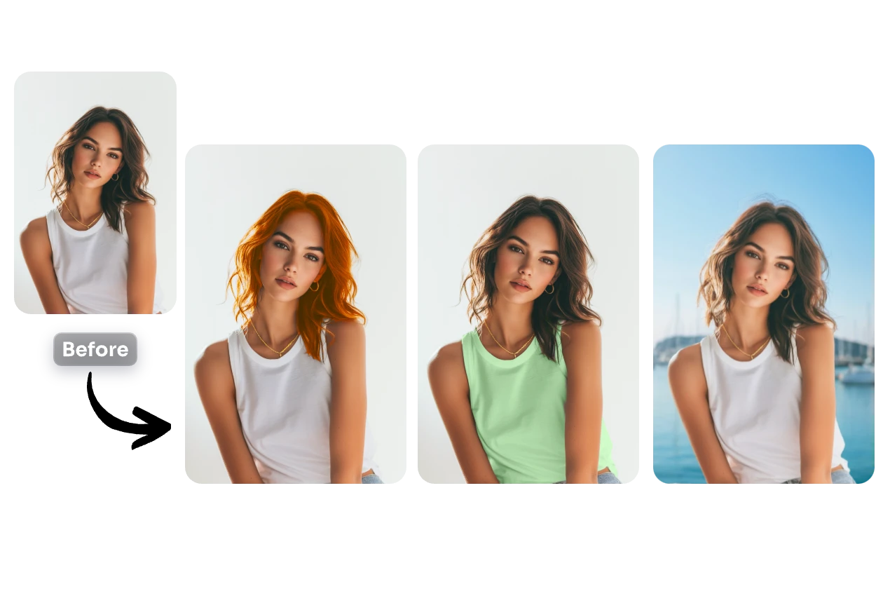 cambiar a la chica de ropa blanca el pelo a castaño y cambiar su ropa a verde y el fondo a fondo marino