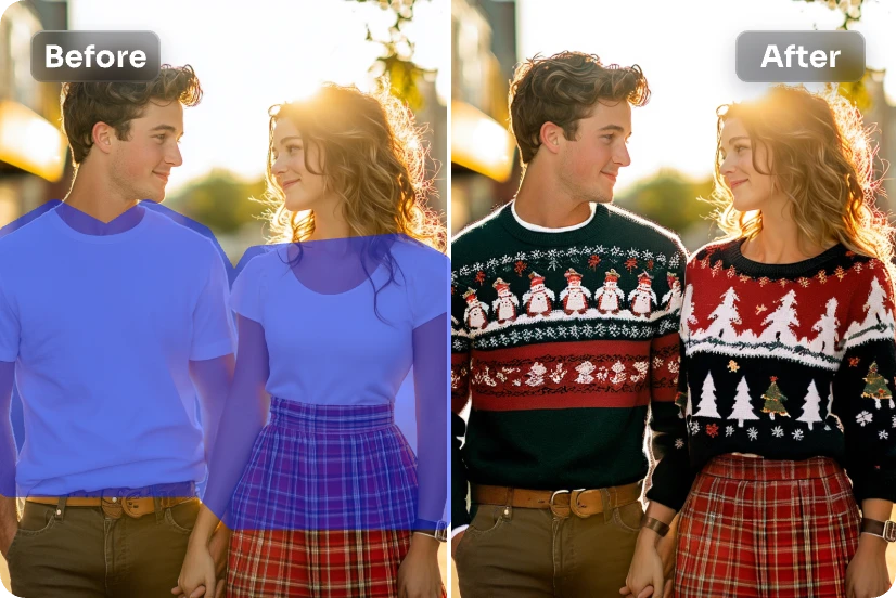 die Kleidung des jungen Paares gegen Weihnachtspullover austauschen