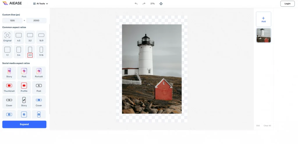wählen sie ein voreingestelltes seitenverhältnis, um ein leuchtturm auf felsigem hügel bild in ai einfach zu erweitern