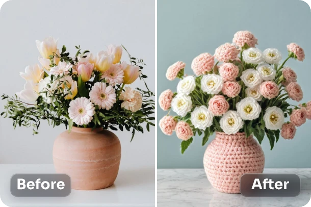 convert a bunch of flowers in vase image into crochet style in seconds