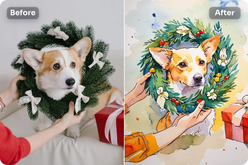 convertir l'image d'un corgi portant des décorations de Noël sur le cou en aquarelle
