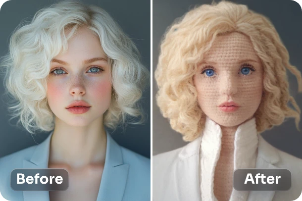 convert a female front view portrait into crochet style