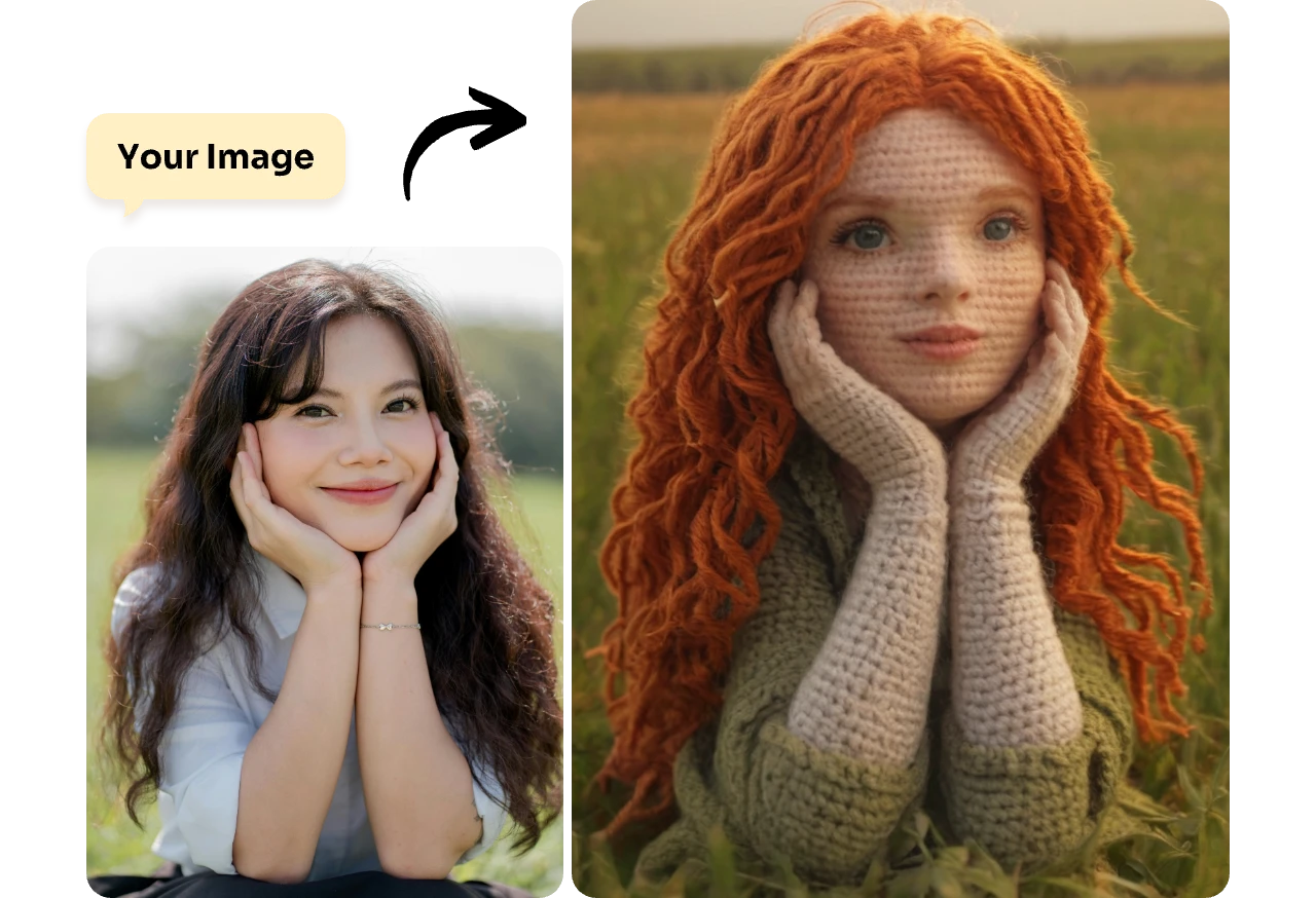 convert a female holding face portrait into crochet style with ai ease ai crochet filter