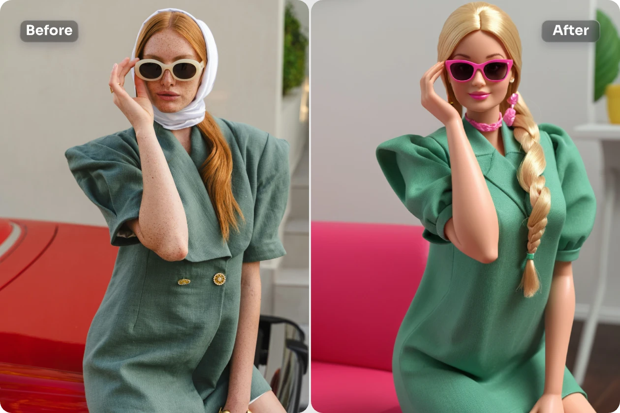 convertissez une image de mannequin féminin avec des lunettes en un style barbie avec ai ease free ai barbie filter