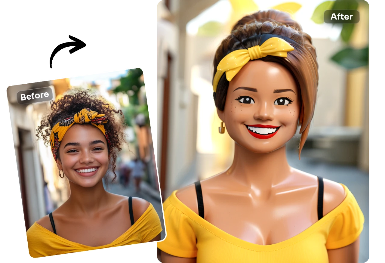 convert a girl in yellow clothes into lego style with aiease lego ai filter