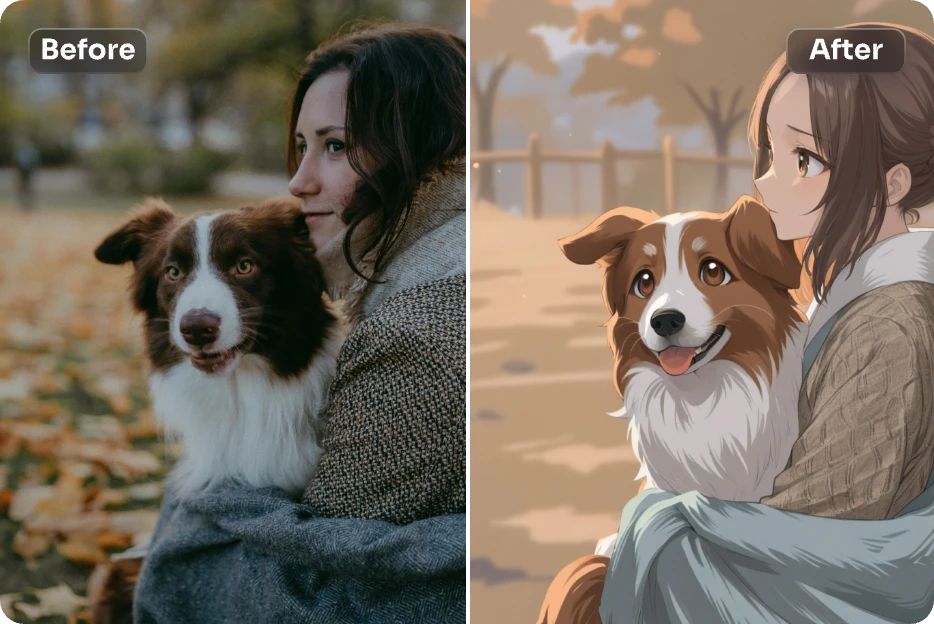 convertir l'image d'une femme tenant un chien en style manga