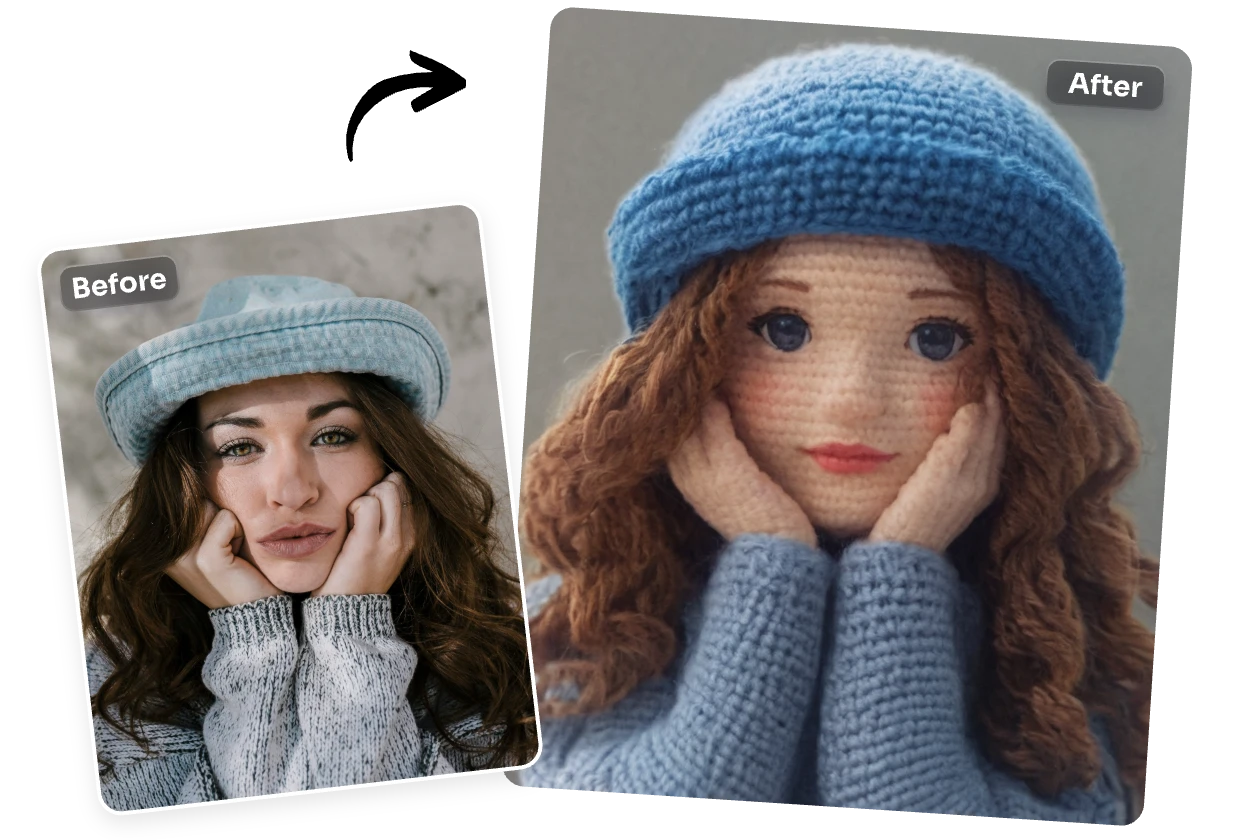 convert a woman holding face wearing blue knit beanie photo into crochet style
