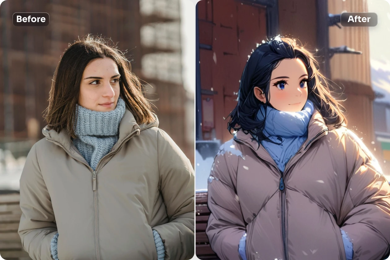 convertissez l'image d'une femme dans une rue d'hiver en dessin animé avec aisance