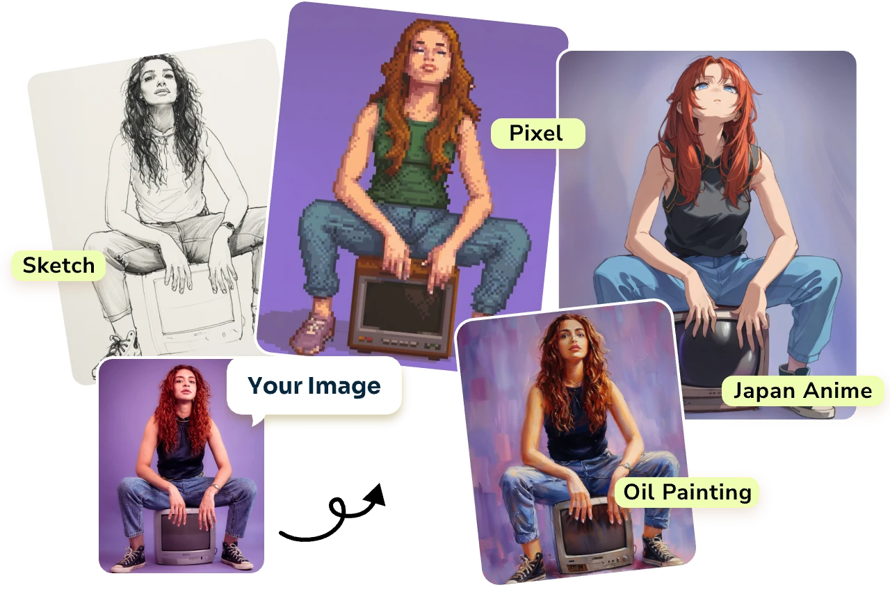 convert a woman sitting on tv image into four various art styles with ai ease free photo to art filter