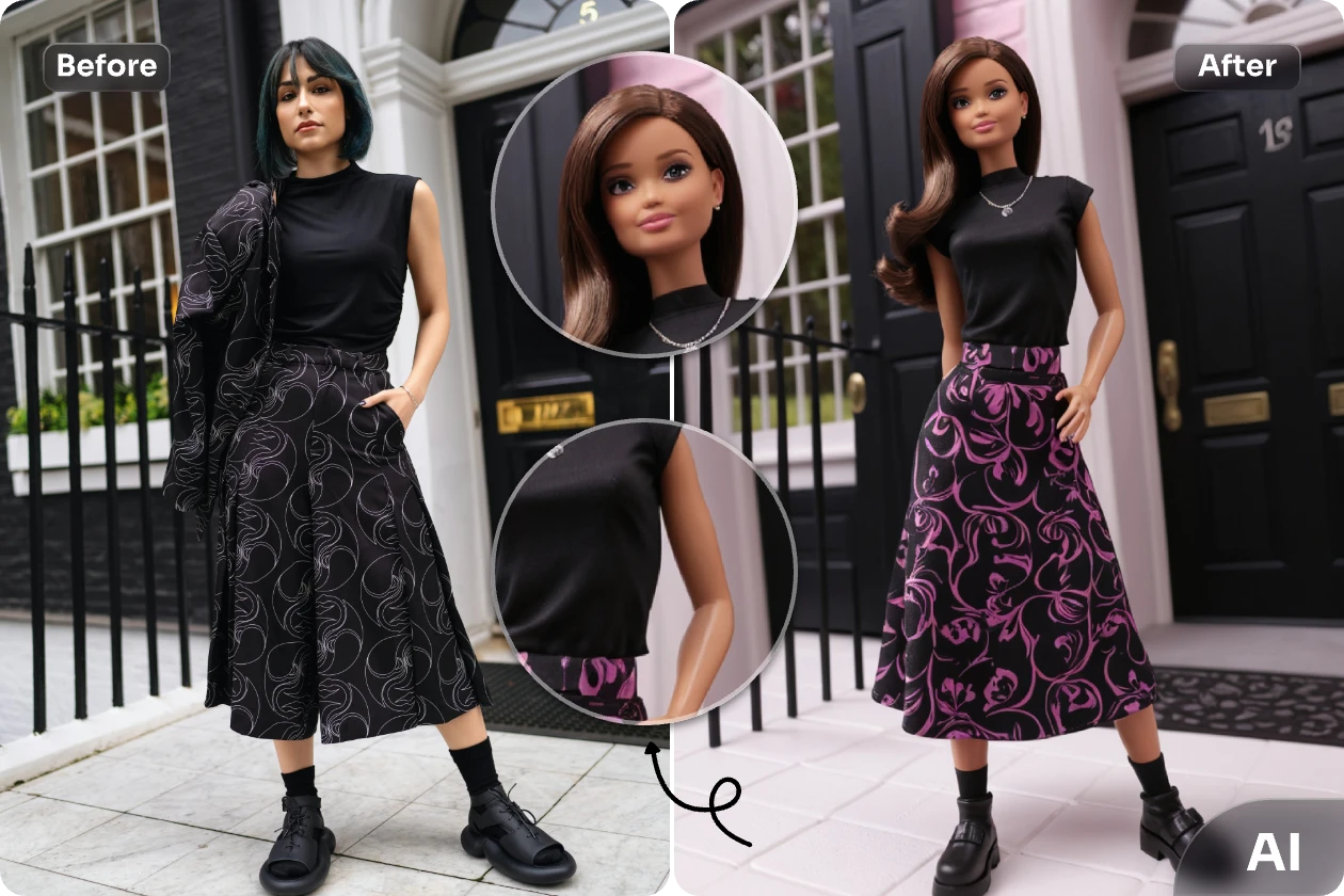 女性の髪、体、肌、顔をリアルなバービー人形のテクスチャに変換する