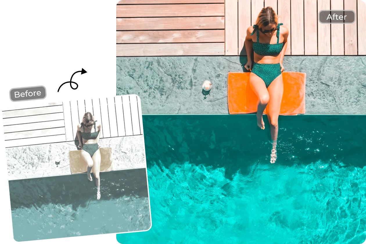 corrigir a fotografia cinzenta para uma fotografia bem equilibrada de uma rapariga sentada junto à piscina
