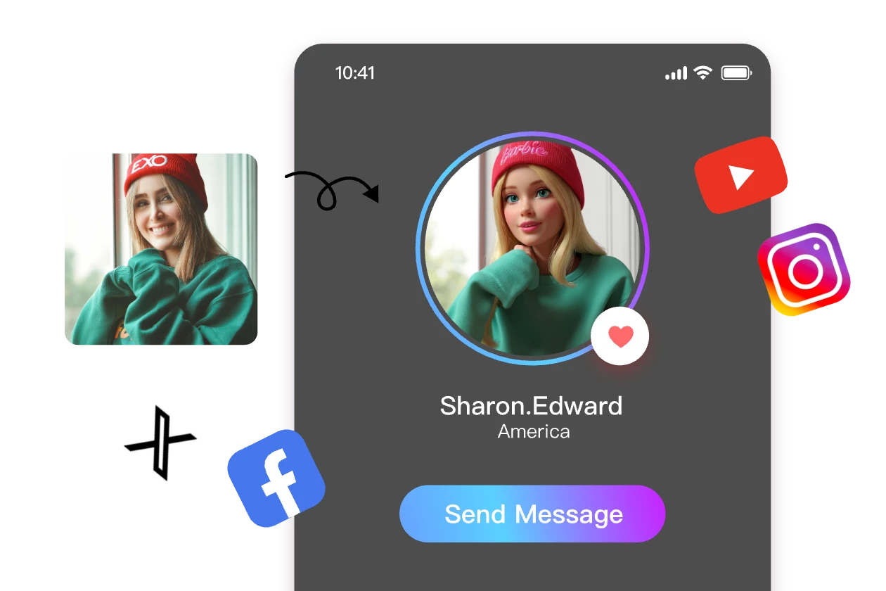 バービースタイルのアバターを作成し、ソーシャルメディアのプロフィール画像に設定する。