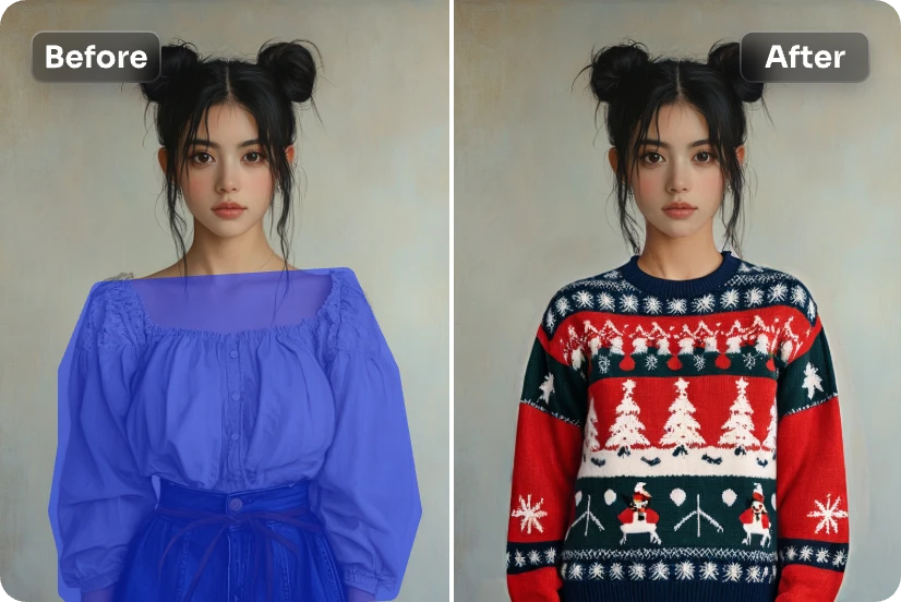 generieren ai weihnachtsbaum pullover für ein weibliches portrait