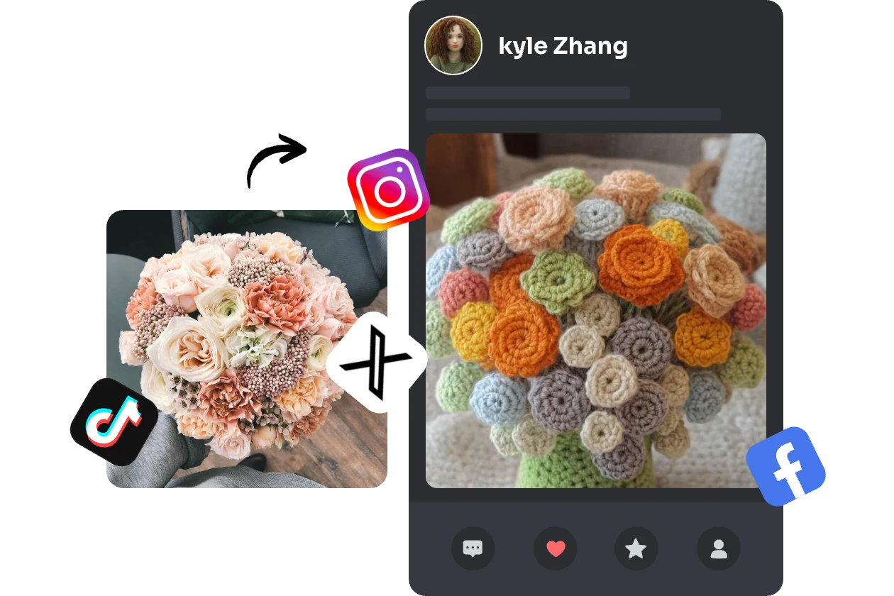post a bunch of flowers image generated by ai crochet filter on social media