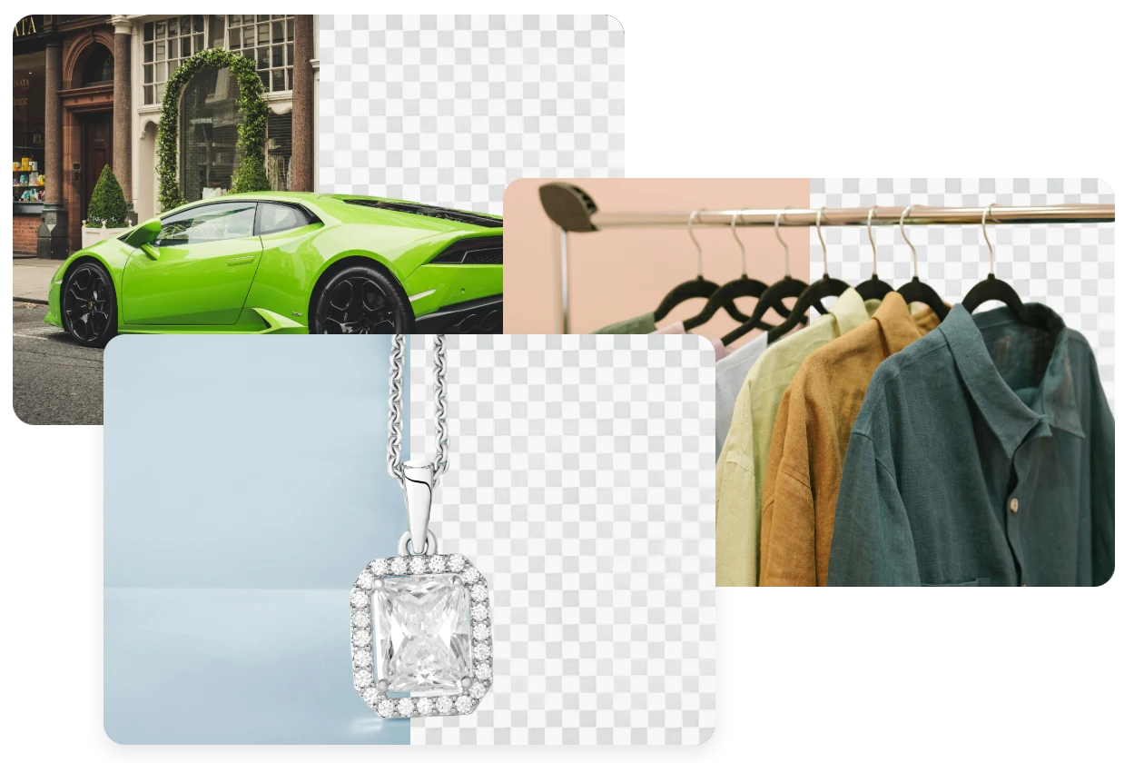 remove background from car, clothing, and necklace image using AI Ease's free background remover