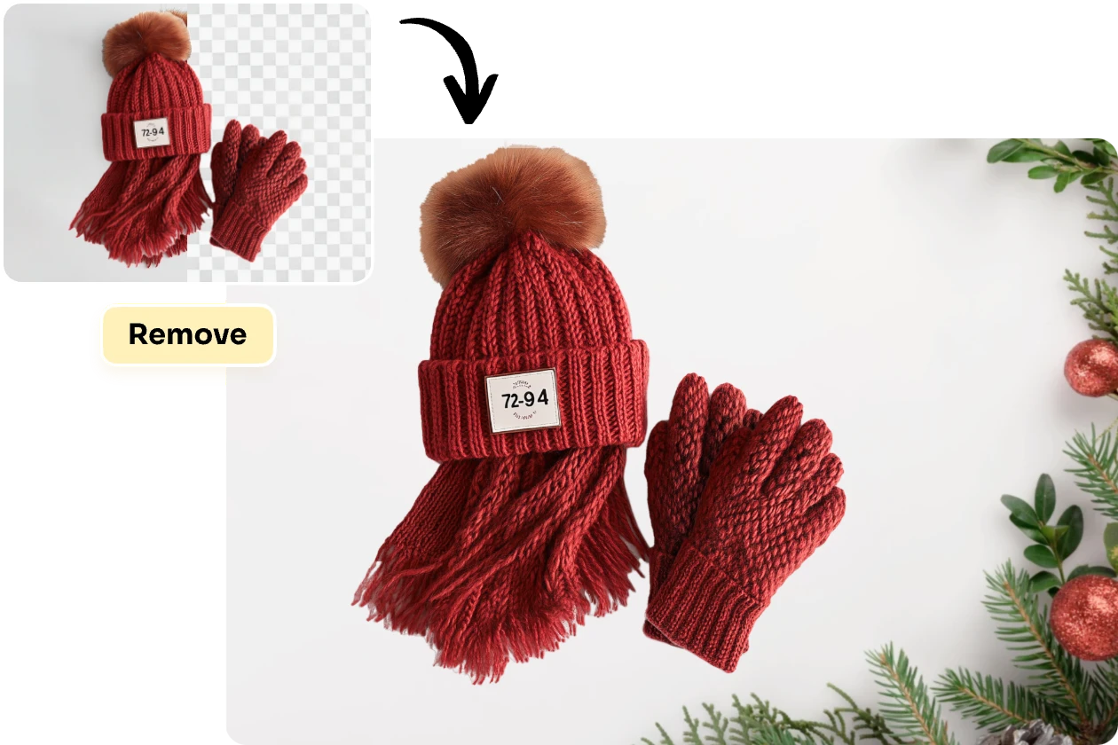 remove background of a winter glove scarf and hat image and add a winter background