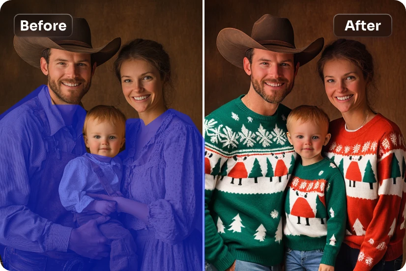die Kleidung auf einem Familienbild durch Weihnachtsbaum-Pullover ersetzen