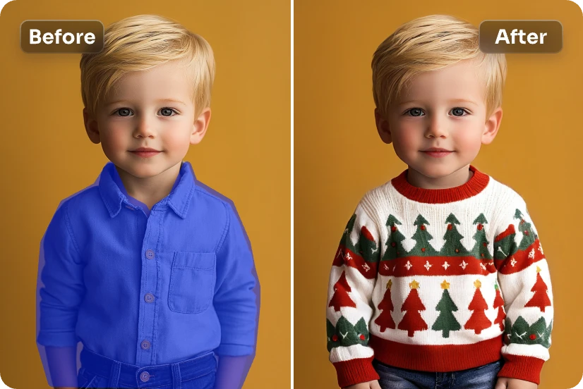 die Kleidung des kleinen Jungen durch einen schönen Weihnachtspulli ersetzen