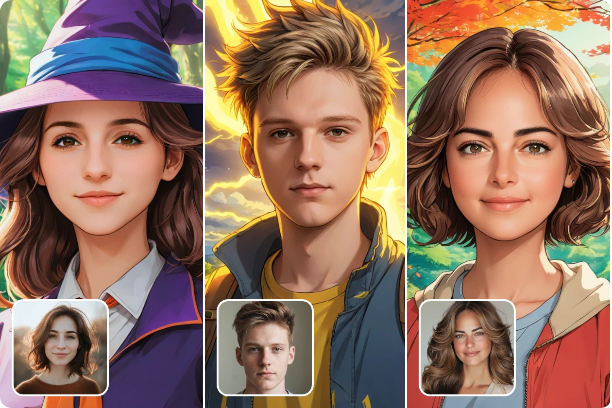 separately change two woman photos and one man portrait into cartoon avatars