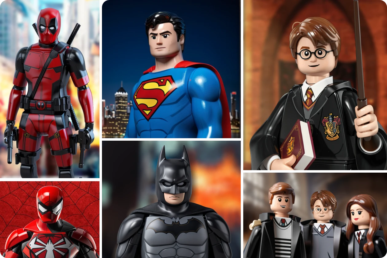 six classic movie characters with lego filter of deathman harrypotter superman spiderman
