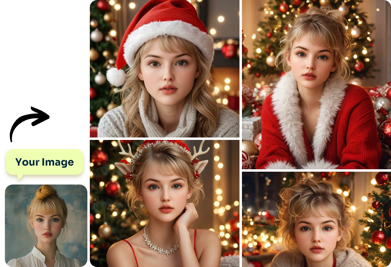ein frauenporträt kostenlos in verschiedene stile von weihnachtsprofilbildern in ai umwandeln