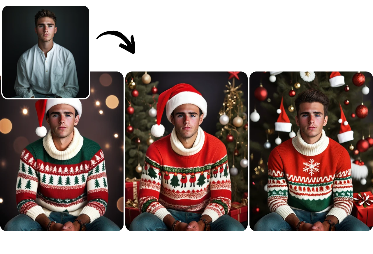 Verwandeln Sie ein männliches Porträt in drei weihnachtliche Fotos mit verschiedenen Stilen von Weihnachtspullovern in ai ease