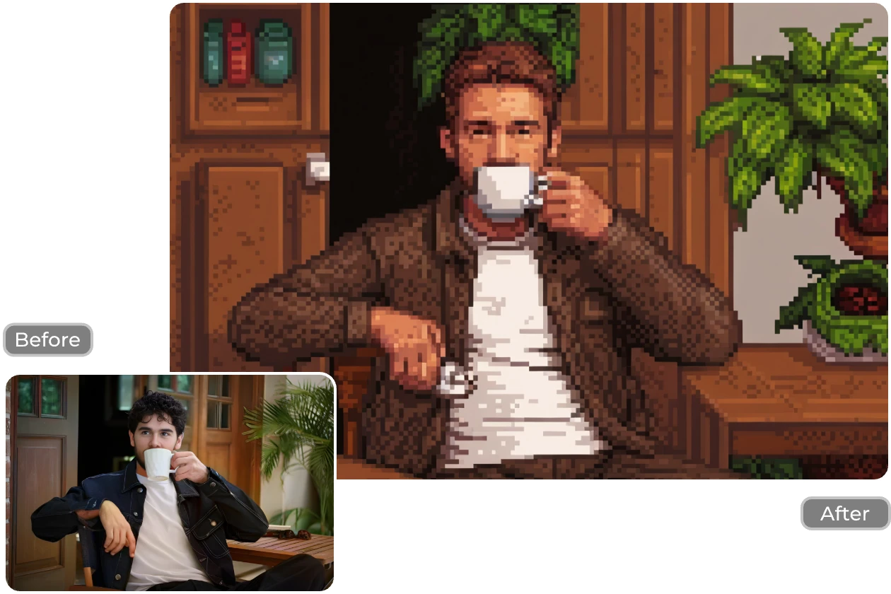 transformer l'image d'un homme assis sur une chaise et buvant du café en pixel art