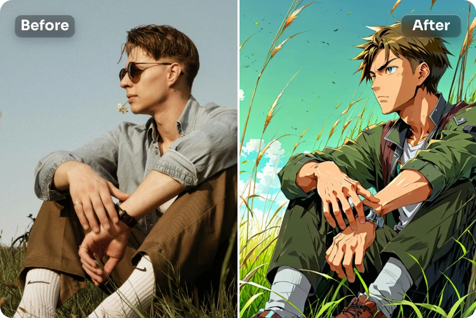 transformez l'image d'un homme assis sur de l'herbe en style anime avec aisance